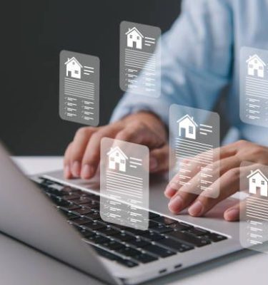 Real estate concept business, home insurance and real estate protection. Buy and sell houses and real estate online on a virtual screen